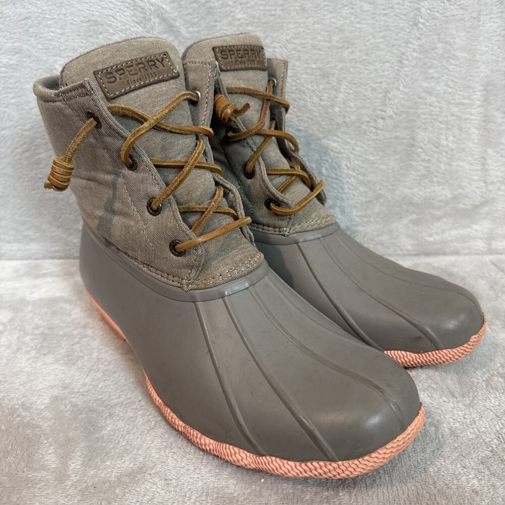 Sperry Saltwater Waterproof Duck Boots Gray Womens 10 Preppy Rubber Shoes Rain